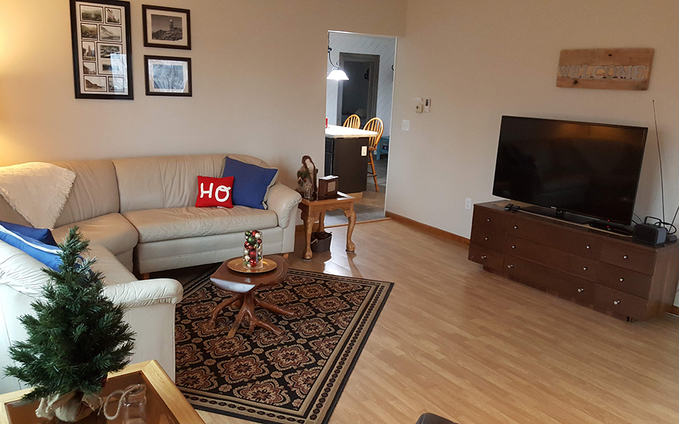 living room with large smart tv